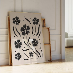 Dark Botanical Print, Black Beige Moody Floral Art, Minimal Flower Poster, Downloadable Modern Nordic Print, Bohemian Neutral Wall Art