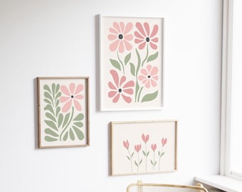Set de 3 láminas infantiles con estampado floral en tonos rosa pastel y verde salvia, arte mural con flores de tulipán