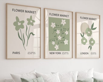 Wall Art Prints Sage Green, Flower Market Nyc, London, Paris, Pastel Colors Home Decoration, Flower Market Design, New York Print, Floral