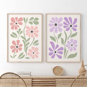 Lilac and Pastel Pink Flower Wall Art Set of 2, Minimal Floral Prints, Blush Botanical Poster, Printable Abstract Art, Nursery Digital Print