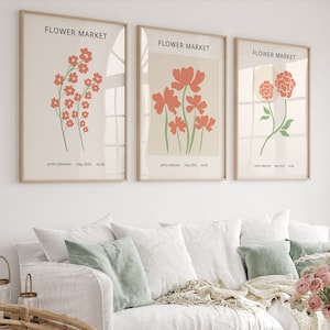 Orange Blumenmarkt Wandkunst, Pastell Blumenwanddekor 3er-Set, Minimales botanisches Poster, trendiger abstrakter Druck, ästhetisches digitales Poster