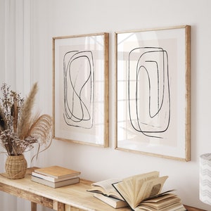 Line Art Print Set, Scandinavian House Decor, Set of 2 Moody Print, Abstract Japandi Wall Art, Black Beige Boho Poster, Neutral Beige Print