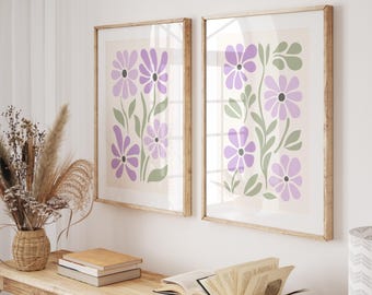 Lilac Floral Nursery Digital Wall Art Set of 2, Pastel Abstract Flower Printable Poster