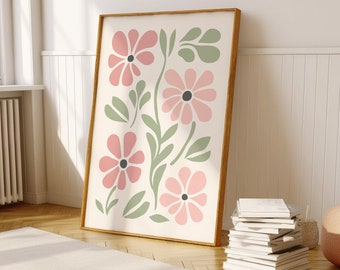 Pastel Pink Green Printable Wall Art, Minimal Floral Poster Design, Aesthetic Blush Pink Print, Trendy Botanical Wall Art, Livingroom Poster