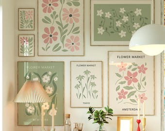 Sage Green & Pastel Pink Floral Wall Art Set, Flower Market Printable Poster (Digital Download)