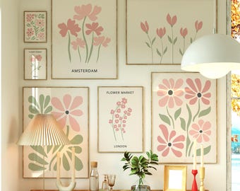 Pastel Pink & Sage Green Flower Market Bundle, Minimal Botanical Printable Wall Art (Digital Download)