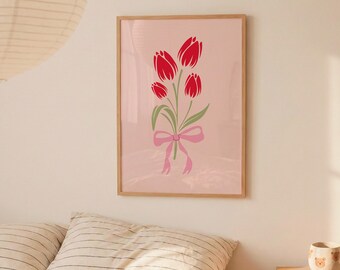 Decorazione murale con bouquet di tulipani rosa e rossi, poster stampabile per cameretta con motivi floreali rosa (download digitale)