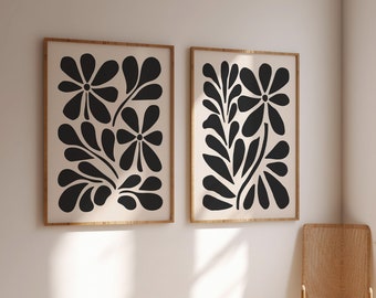 Set of 2 Black Beige Floral Printable Wall Art, Modern Nordic Prints, Boho Botanical Set, Moody Floral Poster, Dark Abstract Flower Decor