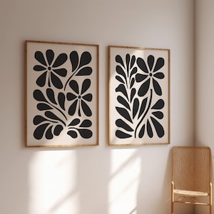 2er-Set Schwarz Beige Blumendrucke Wandkunst, moderne nordische Drucke, Boho Botanisches Set, Stimmungsvolles Blumenposter, Dunkles Abstraktes Blumendekor