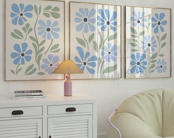 Pastel Blue Botanical Wall Art Set of 3, Sky Blue Daisy Poster, Aesthetic Flower Print, Trendy Wall Bundle, Light Blue Floral Digital Decor