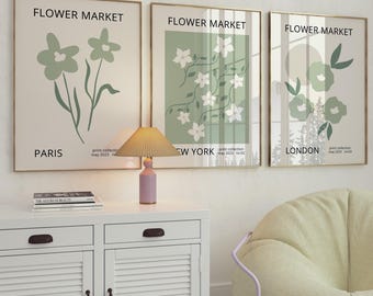 Floral Wall Art Prints Sage Green, Pastel Flower Market Set of 3, New York, London, Paris Digital Poster, Light Green Botanical Wall Decor