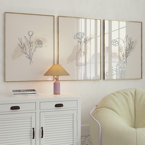 Arte lineal de flores, dibujo lineal de flores, conjunto de flores imprimibles, decoración de habitación en tonos pastel, conjunto de pared en beige y negro, conjunto de 3 obras de arte neutras, descarga digital