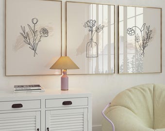 Flower Line Art, Line Drawing Flower, Flower Printable Set, Pastel Room Decor, Wall Set Black Beige, Neutral Set of 3 Art, Digital Download