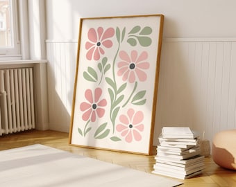 Pastel Pink & Sage Green Flower Printable Wall Art, Minimal Floral Nursery Poster (Digital Download)