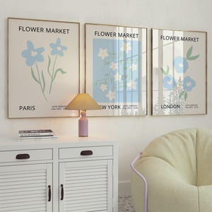 Pastel Blue Flower Market Printable Wall Art Set of 3, Minimal Floral Digital Print, Sky Blue Botanical Poster, Paris, London Poster Gift