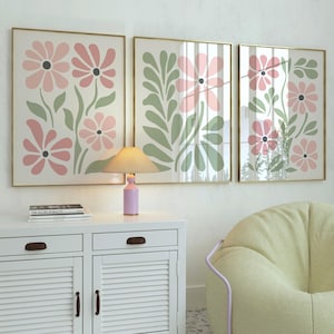 Set of 3 Blush Pink & Sage Green Floral Prints, Pastel Abstract Flowers Printable Decor, Boho Botanical Wall Art, Pink Minimal Floral Poster