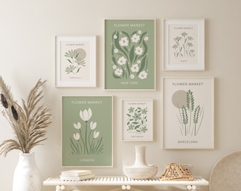 Sage Green Flower Market Wall Art Set of 6, Pastel Abstract Botanical Print, New York Floral Dorm Decor, Minimal London and Amsterdam Poster