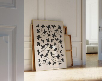 Minimal Neutral Flower Print, Moody Botanical Wall Art, Dark Abstract Floral Poster (Digital Download)