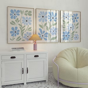 Minimal Sky Blue & Sage Green Floral Nursery Wall Art, Pastel Abstract Flower Printable Poster