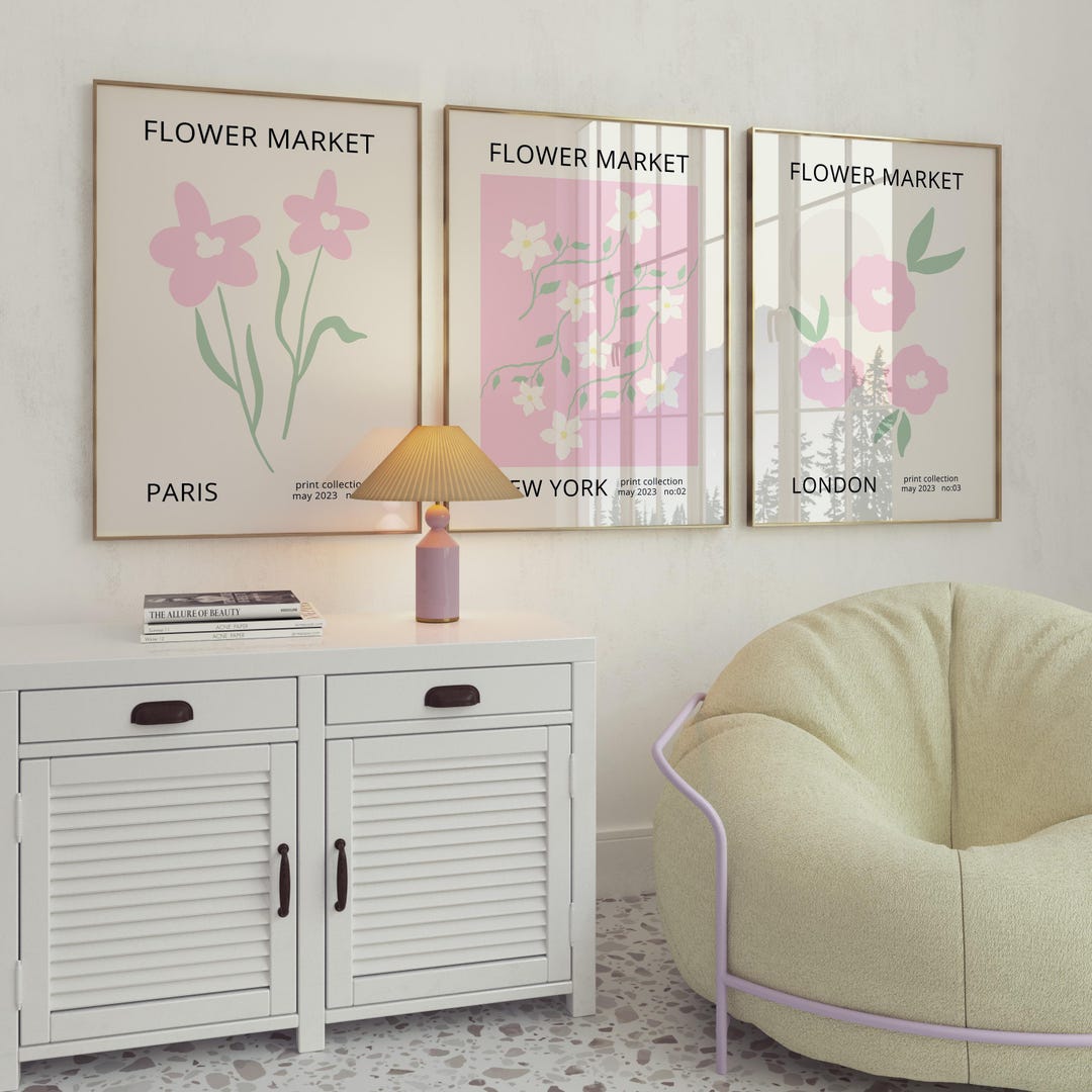 Pastel Pink Flower Market Wall Art Set of 3, Minimal Floral Print ...
