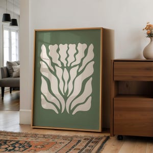 Art mural fleur bohème, impression d&#39;art Mid-Century, affiche botanique vert olive, oeuvre d&#39;art végétale abstraite moderne, décoration murale imprimable beige vert