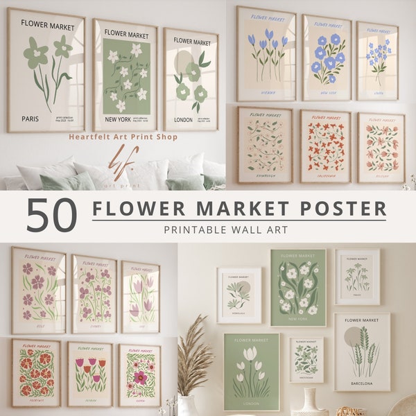 Pastel Florals Art, Mega Bundle Set, City Flower Market, Set of 50 Prints, Danish Wall Decor, Bundle Flower Market, Sage Green, Sky Blue Art