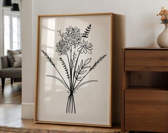 Estampado de flores silvestres en beige y negro, arte mural floral neutro escandinavo moderno (descarga digital)