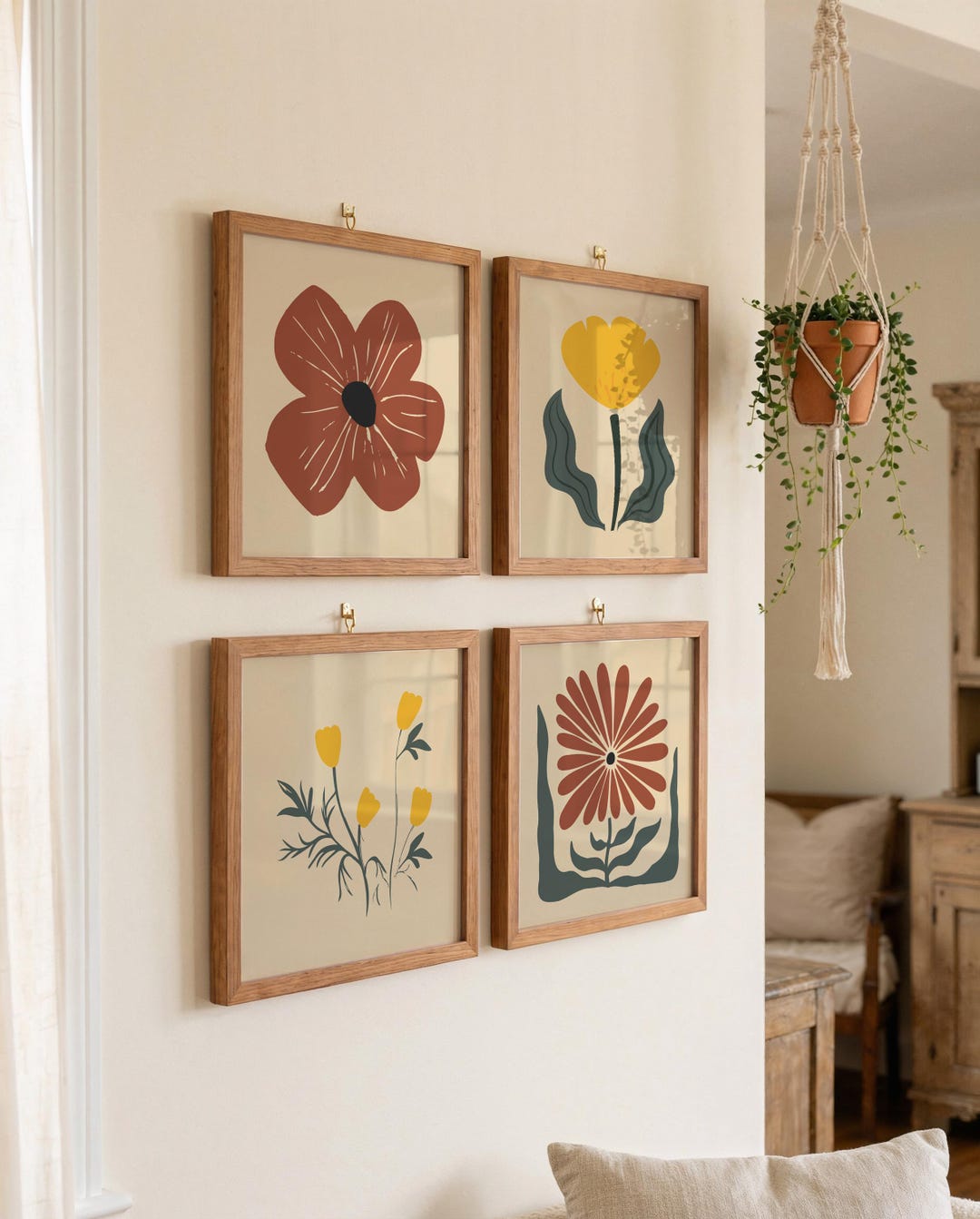Terracotta & Mustard Yellow Abstract Flower Print, Earth Tone Botanical ...