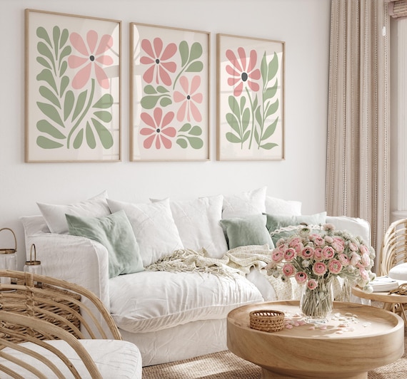 Pink & Sage Green Floral Printable Wall Art, Danish Pastel Abstract Flower Poster (Digital Download)