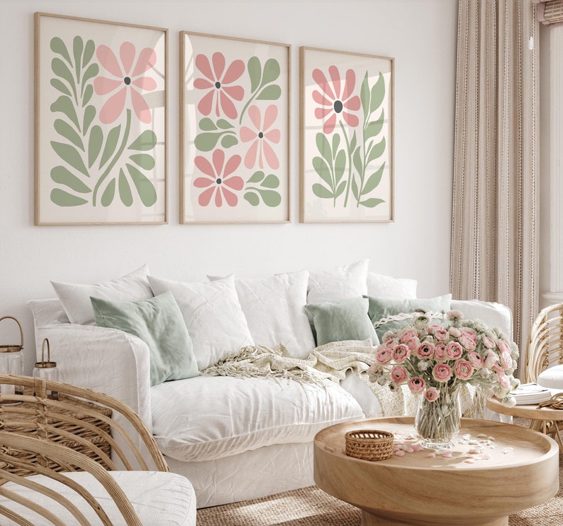Pink & Sage Green Floral Printable Wall Art, Danish Pastel Abstract Flower Poster (Digital Download) image 1