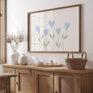 Horizontal Sky Blue Tulip Wall Art, Pastel Floral Print, Light Blue Botanical Digital Art, Minimal Nursery Poster, Printable Flower Artwork