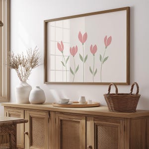 Art mural floral horizontal danois rose pastel et vert sauge, affiche tendance fleur rose blush, art mural imprimable tulipe esthétique, botanique
