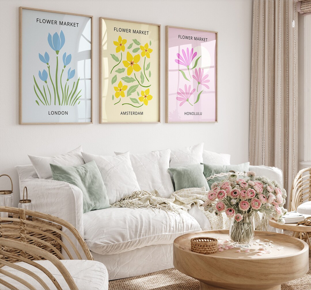 Pastel Pink & Yellow Flower Market Print Set, Blue Tulip Floral Wall ...