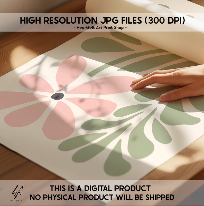 May include: A digital download of a printable art print featuring a pink flower and green leaves. The print is designed in a minimalist style and is perfect for adding a touch of nature to your home decor.