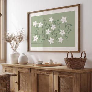 Sage Green Floral Digital Print, Horizontal Aesthetic Flower Wall Art, Trendy Pastel Kitchen Wall Decor, Minimal Botanical Bedroom Poster