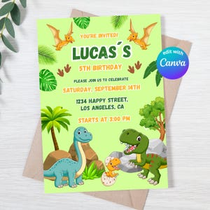 May include: A light green birthday invitation with the text "YOU'RE INVITED! LUCAS'S 5TH BIRTHDAY" and event details. The invitation features cartoon dinosaurs, palm trees, and a flying pterodactyl. The invitation is on a light brown envelope.