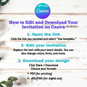 May include: A Canva tutorial graphic on a white wood background. The text reads "How to Edit and Download Your Invitation on Canva." Instructions include opening a link, editing the invitation, and downloading the design in PDF or JPG/PNG formats.