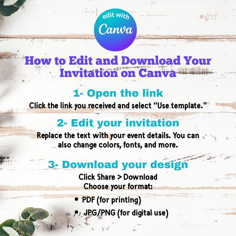May include: A Canva tutorial graphic on a white wood background. The text reads "How to Edit and Download Your Invitation on Canva." Instructions include opening a link, editing the invitation, and downloading the design in PDF or JPG/PNG formats.