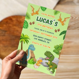 May include: A green dinosaur-themed invitation with the text "LUCAS'S 5TH BIRTHDAY". The invitation includes illustrations of dinosaurs, palm trees, and pterodactyls. The text also includes the date, time, and location of the party.