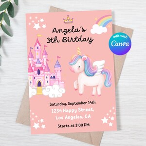 Editable Unicorn Birthday Invitation | Girl's Magical Castle Party Template | Pink Pastel Invitation | Canva Digital Download
