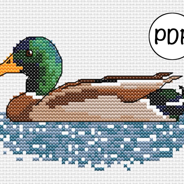 Duck Cross Stitch PDF / Realistic Water Bird X-Stitch Pattern / Male Mallard Counted Cross Stitch Design / Pond XStitch / Lake Animals Motif