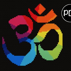 May include: A colorful cross-stitch pattern of the Om symbol, a sacred sound in Hinduism and Buddhism. The pattern is made up of different shades of blue, green, yellow, orange, red, and pink.
