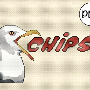 Möwe Kreuzstich PDF / Lustiger Vogel X-Stitch Muster / Möwen & Chips / Nautik und Strand Thema Dekor / Meerestiere / Seevogel