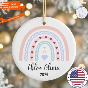 Personalized Newborn Baby Girl And Boy Rainbow Porcelain Keepsake Bauble, Baby Girl And Boy 1st Christmas Pastel Rainbow Ornament