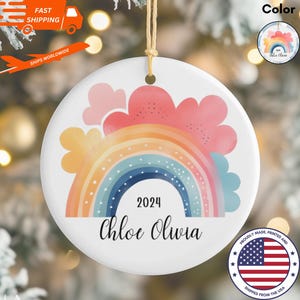 Personalized Newborn Baby Girl And Boy Rainbow Porcelain Keepsake Bauble, Baby Girl And Boy First Christmas Colorful Rainbow Ornament
