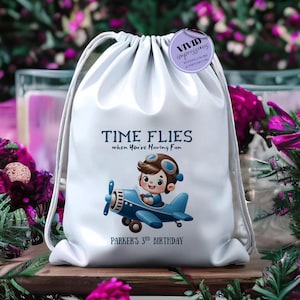 Time Flies Birthday Favor Bag, Airplane Party Gift Bag, Personalized Birthday Drawstring Bag, Pilot theme party supplies, Kids travel theme