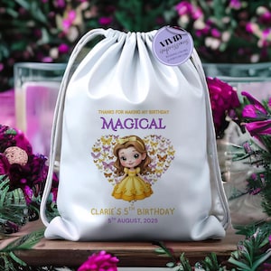 Belle Birthday Favor Bag, Personalized Princess Drawstring Gift Bag, Beauty and the Beast Party Thank You Bag, Cinderella Party Favor Bag