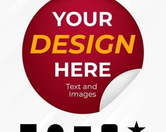 Könnte beinhalten: Ein roter Kreis mit weißem Rand und einer umgeschlagenen Ecke. Der Text "YOUR DESIGN HERE" ist in weißen und gelben Buchstaben geschrieben. Der Text "Text and Images" ist in weißen Buchstaben unter dem Haupttext geschrieben.