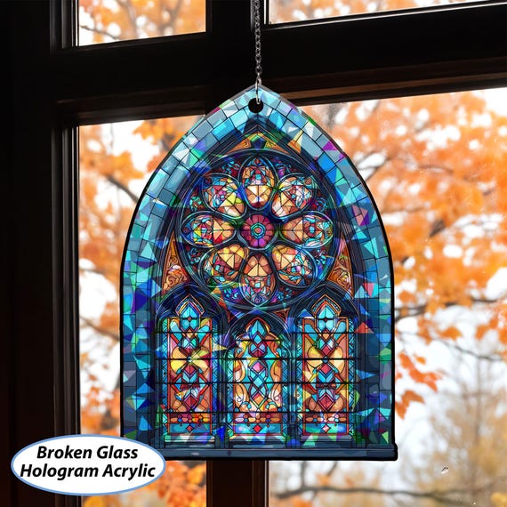 洋書 Architectural Stained Glass Spiritual Cathedral Acrylic Suncatcher, Goth Church Stained Glass