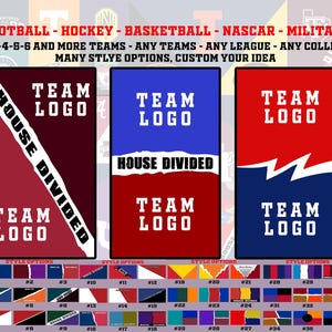 May include: Three different designs for a team logo with the text "Team Logo" and "House Divided". The designs are in red, blue, and white with a variety of color options for customization.